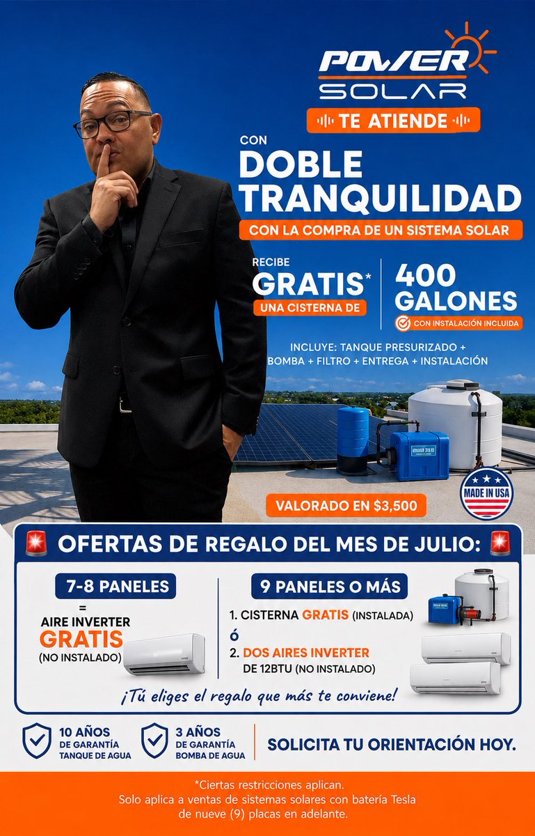 PedroAnibal's tweet photo. ☀️ ¡ATENCIÓN ATENCIÓN!🚨🚨🚨

Aprovecha esta promoción válida del 1 al 15 de julio:

✅ Instalación GRATIS
✅ Cisterna de 400 galones GRATIS (valorada en $3,500)
✅ Tanque presurizado
✅ Bomba de agua
✅ Filtro
✅ Entrega e instalación incluidas
✅ 3 años de garantía en la bomba https://t.co/7BeCuHE2yH