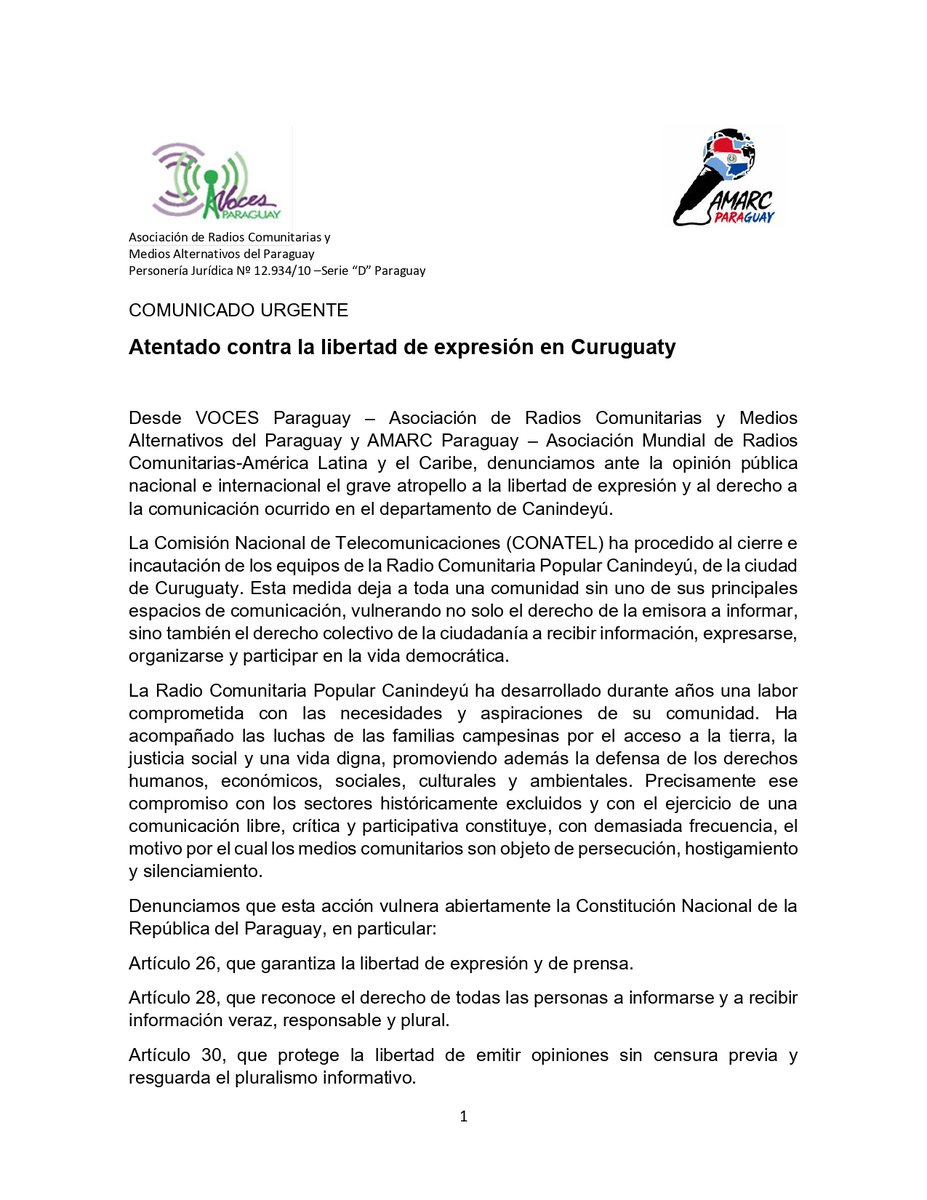 AMARCALC's tweet photo. #Paraguay | Desde AMARC ALC denunciamos el cierre e incautación de equipos de la Radio Comunitaria Popular Canindeyú, en Curuguaty, Paraguay.

Exigimos la devolución de los equipos, el restablecimiento de transmisiones y el cese de la persecución contra los medios comunitarios. https://t.co/MzwsTxYQSC