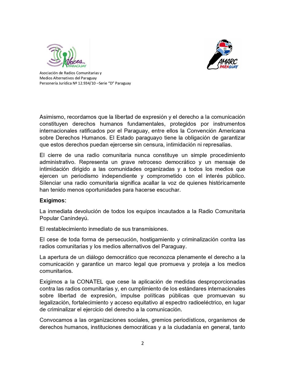 AMARCALC's tweet photo. #Paraguay | Desde AMARC ALC denunciamos el cierre e incautación de equipos de la Radio Comunitaria Popular Canindeyú, en Curuguaty, Paraguay.

Exigimos la devolución de los equipos, el restablecimiento de transmisiones y el cese de la persecución contra los medios comunitarios. https://t.co/MzwsTxYQSC