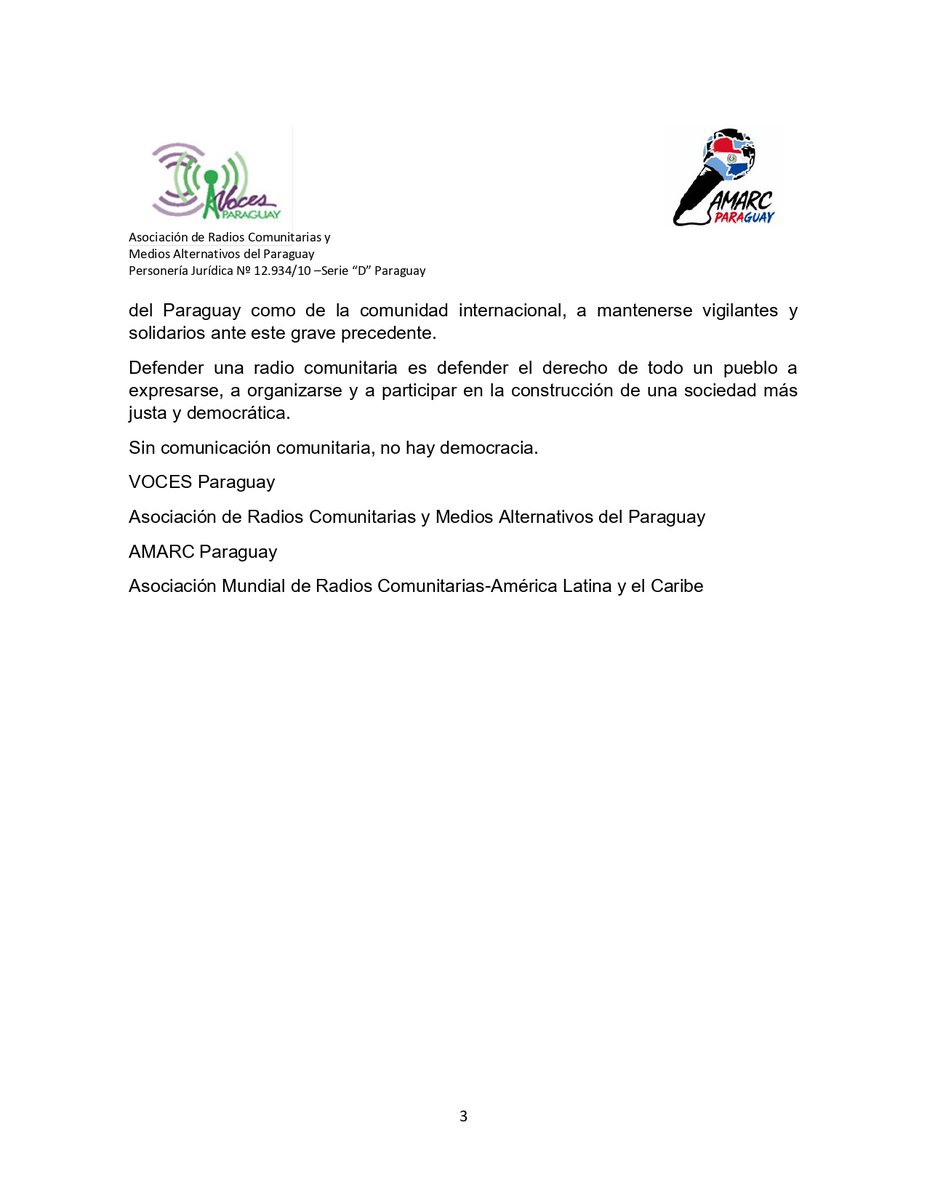 AMARCALC's tweet photo. #Paraguay | Desde AMARC ALC denunciamos el cierre e incautación de equipos de la Radio Comunitaria Popular Canindeyú, en Curuguaty, Paraguay.

Exigimos la devolución de los equipos, el restablecimiento de transmisiones y el cese de la persecución contra los medios comunitarios. https://t.co/MzwsTxYQSC