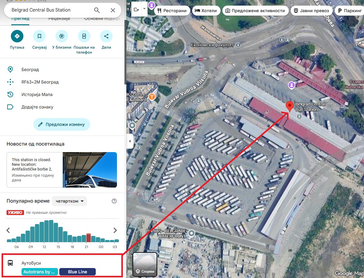 FilipCSI's tweet photo. @RandyMrsh U ovom slučaju baš nije problem u Srbiji. Na Google mapama pinove na staroj lokaciji preko neke vrste API-a drže prevoznici Autotrans by Arriva (Hrvatska), Blue Line (Crna Gora) i Gjirafa (kosovski portal).
Svi ostali su odavno promenili na novu lokaciju. 1/2 https://t.co/YxucHAPjaP