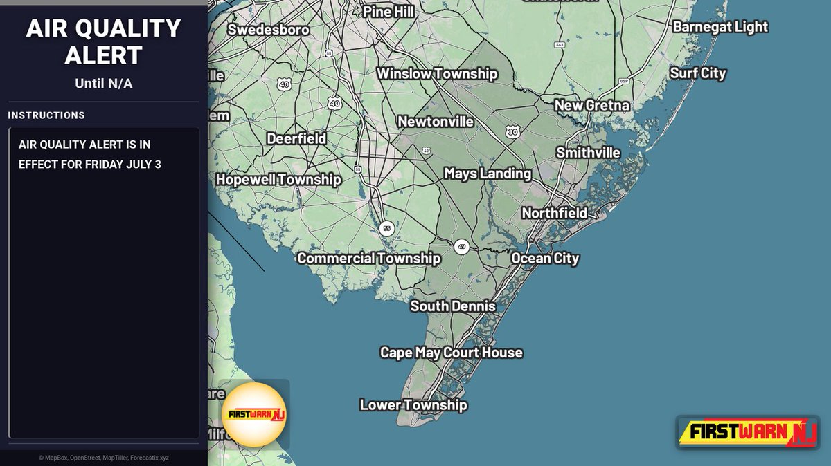 FirstWarnNJ's tweet photo. Air Quality Alert has been issued for Cape May, Atlantic Coastal Cape May, Atlantic +1 more. Expires at N/A. https://t.co/Ds5kTPdcNI