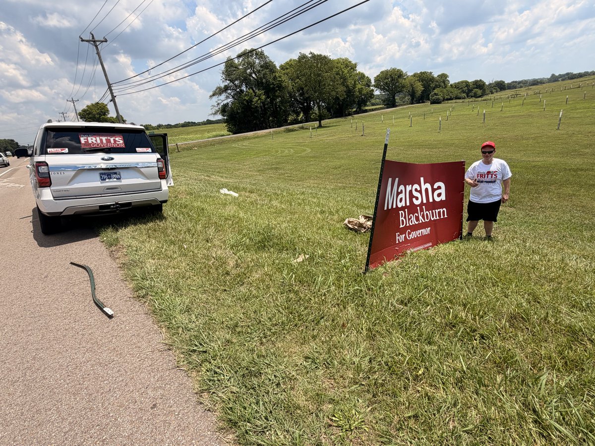 MontyFritts4TN's tweet photo. Team Liberty noticed one of our competitors' signs had blown over. After a couple of days of lying on its side, our volunteers stepped in to do the right thing.

They drove a new T-post into the ground and fixed it.

This is what we Christians should do every day: love one another, even our competitors.