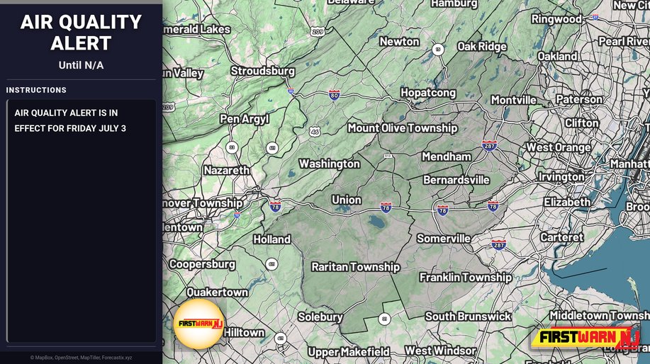FirstWarnNJ's tweet photo. Air Quality Alert has been issued for Morris, Hunterdon, Somerset. Expires at N/A. https://t.co/1rV3v0Pdnj