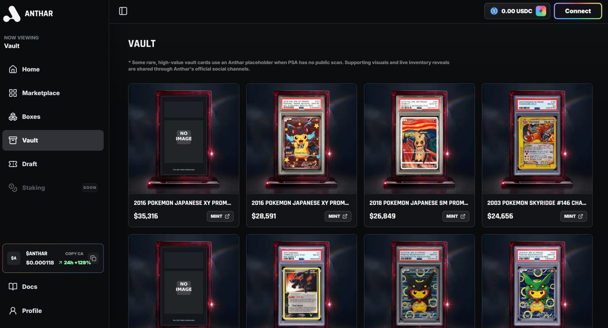AntharApp's tweet photo. The Anthar Vault is where the strongest inventory lives.

- Vault cards are marked separately from normal marketplace cards because they are tied to Anthar custody, verified PSA data, and mint proof. 

Our goal is to make high-value graded cards easier to inspect, price, track, and eventually redeem when eligible.