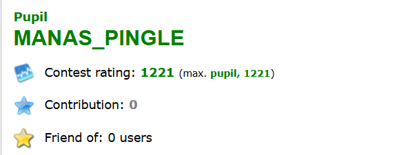 manaspingle6174's tweet photo. Consistency pays off! 🚀
Happy to share that I've reached the Pupil rank on Codeforces. Countless contests, mistakes, and lessons later, this milestone feels truly rewarding.
On to the next goal!
Profile link: https://t.co/4oEDtJYder
#Codeforces #CompetitiveProgramming #CP https://t.co/NLxvmf8eWj