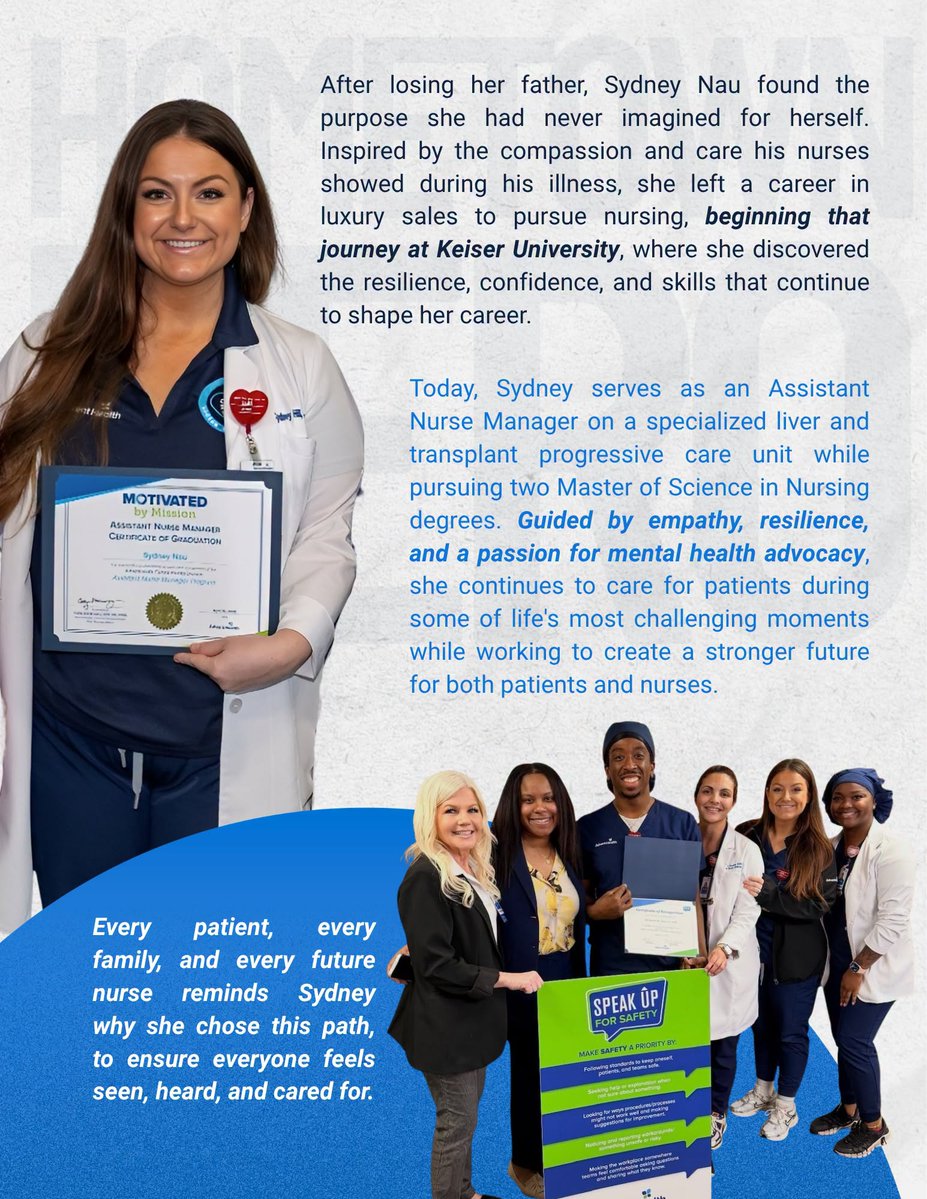 KeiserU's tweet photo. Stories that shape our legacy #Keiser50

After losing her father, Sydney Nau discovered the purpose she had never imagined for herself. Inspired by the nurses who cared for him during his illness, she left a career in luxury sales to pursue nursing and dedicate her life to caring for others.

As a Keiser University Nursing alumna, Sydney now serves as an Assistant Nurse Manager on a specialized liver and transplant progressive care unit while continuing her education and advocating for both patients and healthcare professionals.

As part of our Hometown Heroes series, we're proud to spotlight individuals whose stories continue to inspire their communities and embody the spirit of Keiser University.

Read Sydney's full story here: https://t.co/18wJ6GmsNU

#KeiserUniversity