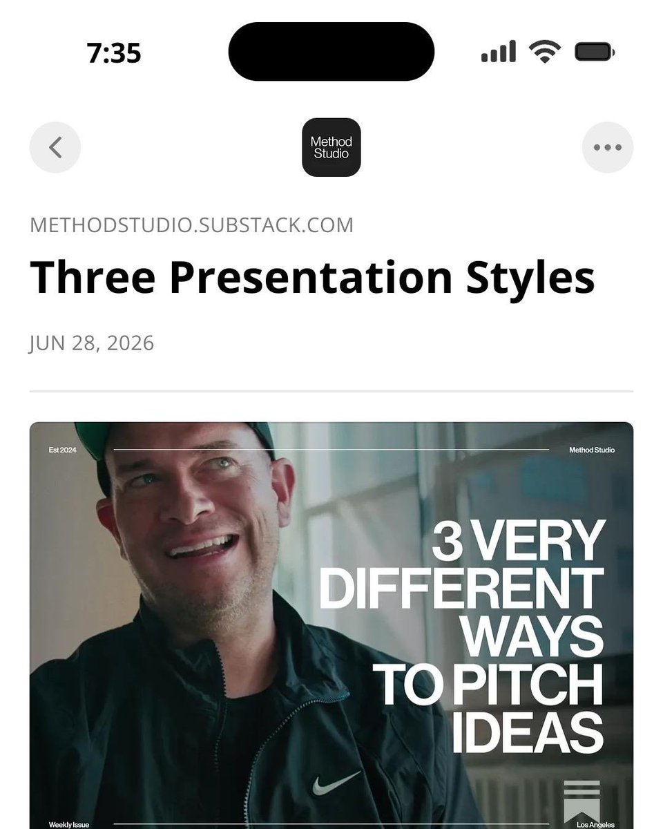 Substack's tweet photo. How do professional creatives sell their ideas to get an enthusiastic "yes"? Method Studio reveals how to craft an influential pitch, from three of the ad industry's top Chief Creative Officers https://t.co/hHWrF3Ylcx https://t.co/4M3pyWj8LF