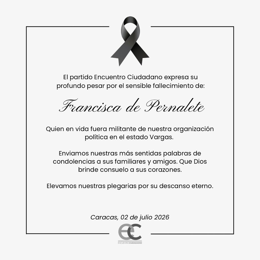 EnCiudadanoVzla's tweet photo. Expresamos nuestro profundo pesar por el fallecimiento de Francisca de Pernalete. https://t.co/atj6zrch6H