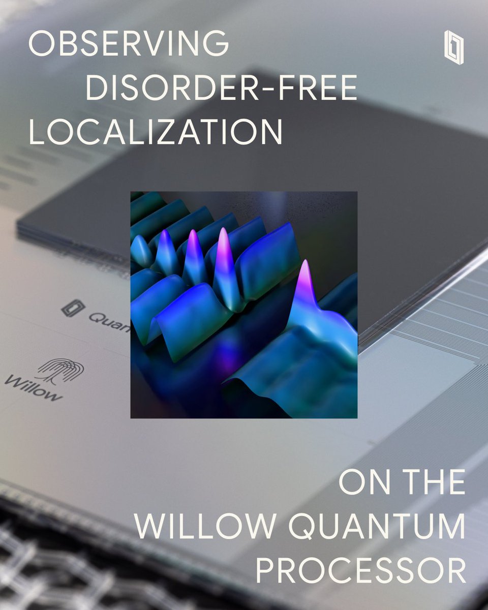 GoogleQuantumAI's tweet photo. Studying particle diffusion in quantum systems is a major classical computing challenge. Our Willow processor was used to demonstrate disorder-free localization via a quantum algorithm which offers a polynomial speedup for disorder sampling. 

Read more: https://t.co/MGbd2EFpaW https://t.co/AAG1mHfhNY