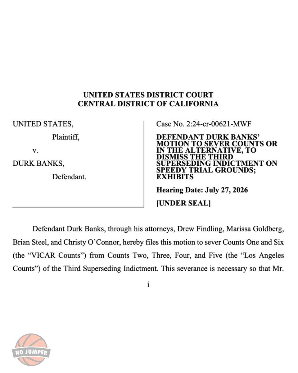 nojumper's tweet photo. Lil Durk's attorneys ask for severance or dismissal of new indictment charges in the rapper's murder-for-hire case.

His legal team filed the motion in response to the prosecution's recently filed third superseding indictment, which added more charges to the already complicated case.

Durk has been in custody since October 2024 after being charged with allegedly paying for a 2022 plot to kill Quando Rondo in Los Angeles, which resulted in the death of his cousin, Lul Pab

Prosecutors later added additional charges tied to alleged 2019 and 2022 incidents. His trial is set for August 20.
