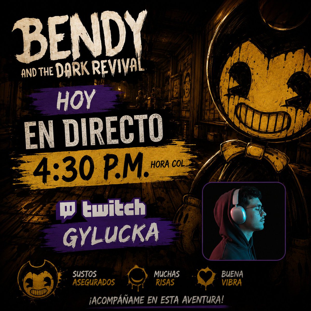 GyLucka's tweet photo. 😅 Hoy toca enfrentarme a Bendy and the Dark Revival... 

Pero tengo una duda:

¿Qué da más miedo?
👻 Los jumpscares.
🖤 La ambientación.
😨 Que te persigan.
#twitch #bendyandthedarkrevival
¡Los leo! 👇 https://t.co/r1JLiPH425