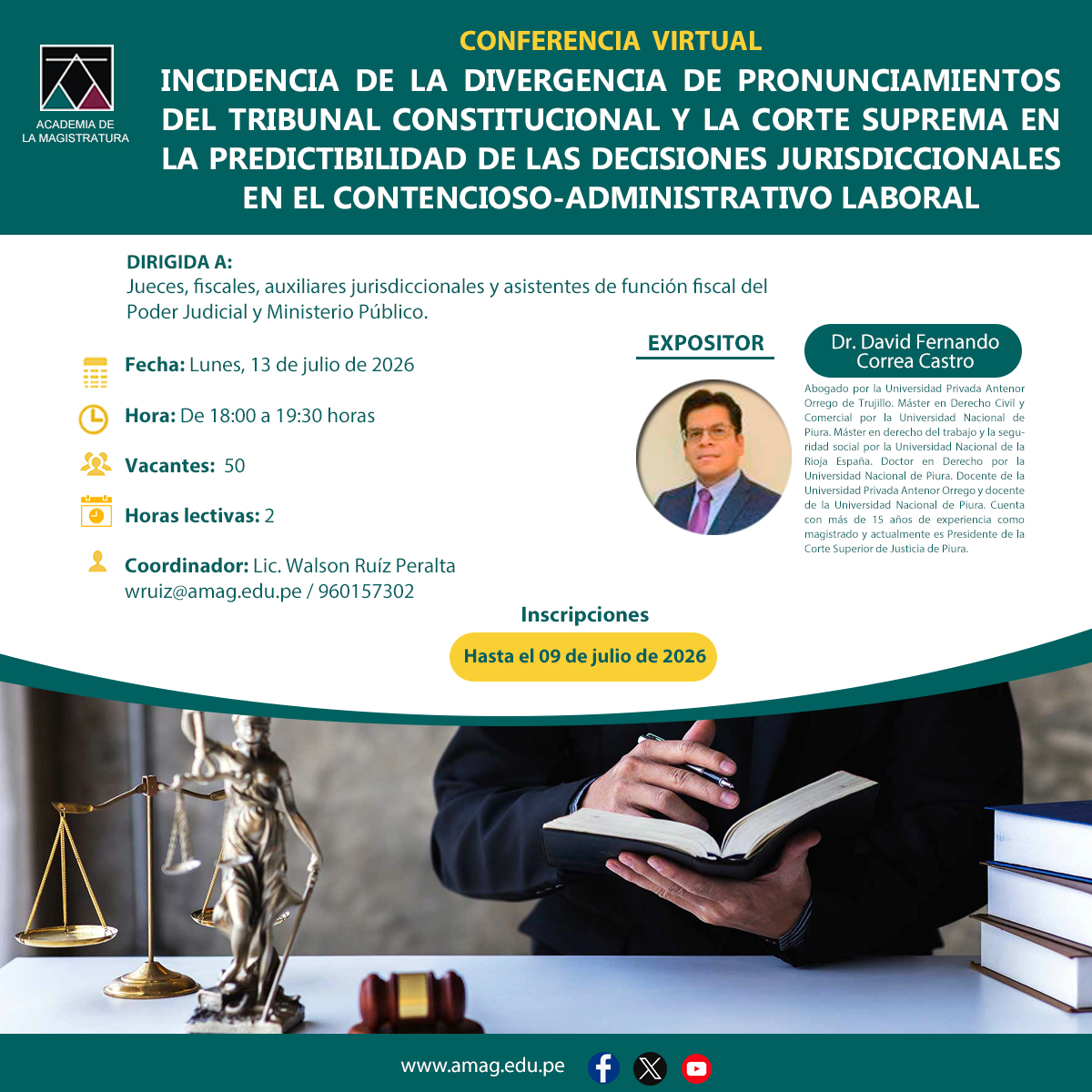 AmagPeru's tweet photo. 📚Conferencia virtual “Incidencia de la divergencia de pronunciamientos del Tribunal Constitucional y la Corte Suprema en la predictibilidad de las decisiones jurisdiccionales en el contencioso-administrativo laboral”

🔗 Informes aquí: https://t.co/8yo1t7hzzK https://t.co/udCyQPEz1U