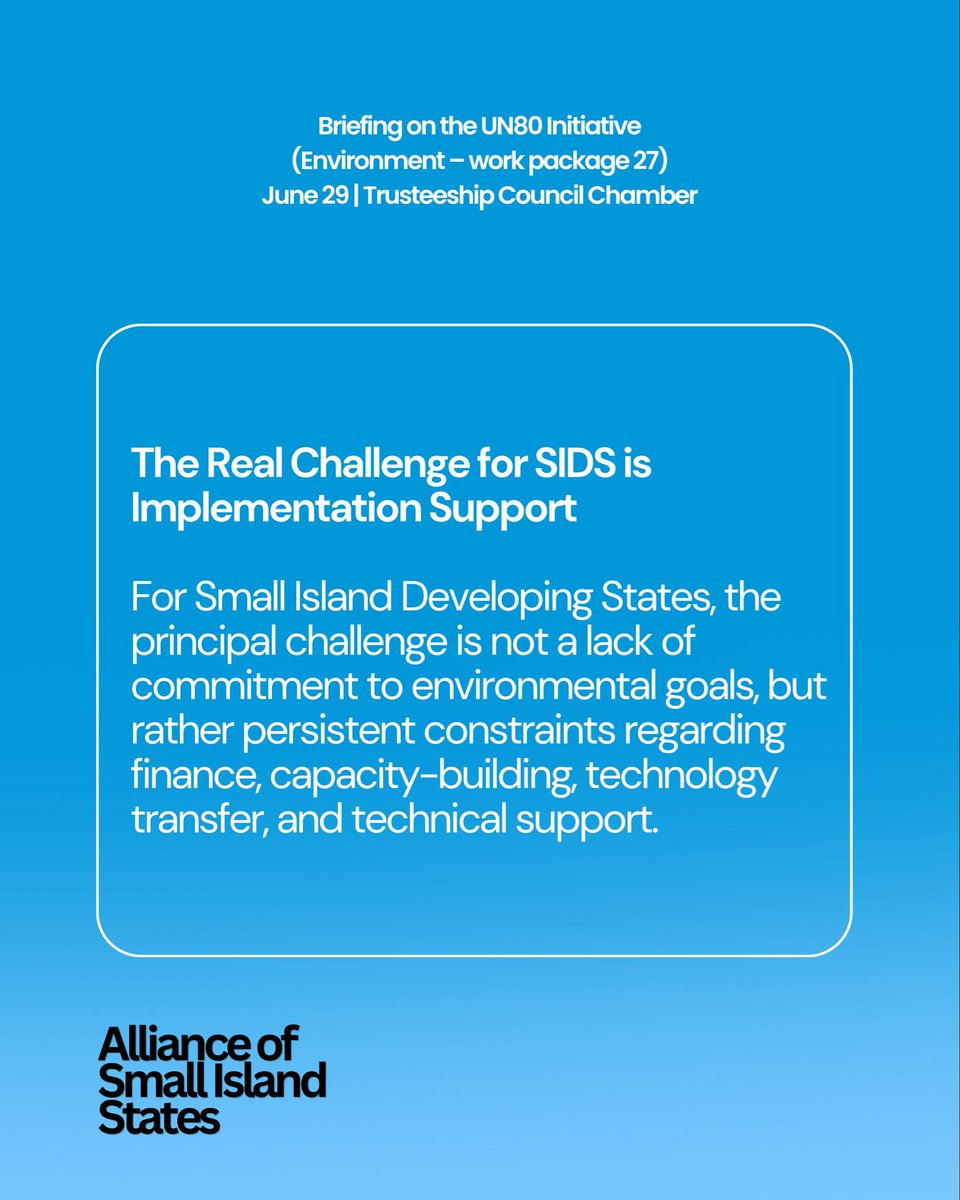 AOSISChair's tweet photo. On 29 June, Palau, in its capacity as Chair of AOSIS, delivered a statement highlighting key areas that require greater clarity and careful consideration to ensure the UN80 Initiative responds to the urgent and unique development needs of vulnerable island nations. https://t.co/EHpu05zmNf
