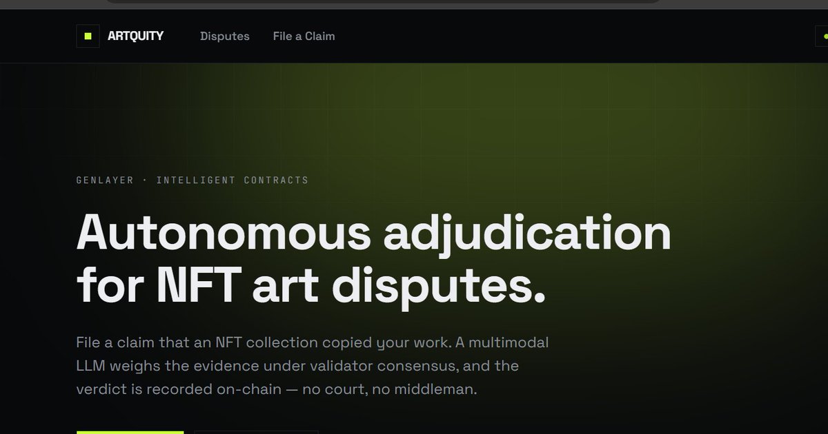 Web3kxn_'s tweet photo. In 2022, @opensea  admitted that Over 80% of Free mint NFT'S were flagged by the platform itself as plagiarized, fake, or spam.
In the real world, an artist's IP is well protected unfortunately it's not the same in Web3, this is why I built Artquity... Artquity is an IP dispute platform for NFT art, built on @GenLayer  intelligent contracts.

So Instead of relying on slow centralized systems to reaolve disputesover NFT IP, Artquity resolves it directly on-chain.

Here's how it works: 
If someone(plaintiff) feels that their art was used for another collection without their authorisation, they can file a claim against the collection with the necessary evidence in the form of a url, they also need to add the defendant's wallet so that only them can defend themselves.
It runs adjudication through the art_dispute_registry.py intelligent contract , validators run LLM's that properly check the plaintif's claim.
After a consensus from multiple vaiidators, the contract outputs a reason and if it's false/ rejected then the case will be closed,  but if it's true the defendant can submit their own evidence and then the contract takes a look at both evidence and declares it's verdict. 

Here are some of the functions in the art_dispute_registry.py contract:
file_claim(defendant, original_art_url, collection_url, plaintiff_argument)
This files a case against a named defendant wallet, it  runs an intake screen: a vision LLM checks if the claim is plausible & non-frivolous. If it passes → SERVED. Fails → REJECTED. Frivolous claims never make it to the next stage. 

respond(case_id, evidence_url, argument)
The defense.  It's gated so ONLY the named defendant wallet can call it. They submit counter-evidence + their argument before the deadline.
adjudicate(case_id), it then weighs both sides based on  visual similarity, originality, odds of independent/coincidental creation  and records a verdict + written reasoning. If the deadline passed with no response, it enters default judgment, but the claim still has to win on its merits.

I built Artquity on Genlayer because the product is about adjudicating whether one artwork infringes another depending on subjective, visual reasoning and tbh  a normal smart contract cannot perform this but  on GenLayer it can and it's the only chain where that judgment can happen on-chain, check out the repo below..