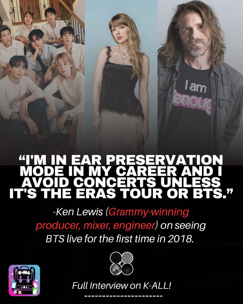kallthepodcast's tweet photo. Grammy-winning mixer behind 50 BTS songs shares: “I’m in ear perseveration mode in my career, and I avoid concerts unless it’s the Eras tour or BTS.”

He tells K-ALL that BTS are his concert exception and that he’s never seen anything like their shows. 

https://t.co/iv3hajUxPb https://t.co/8AInytDqH3