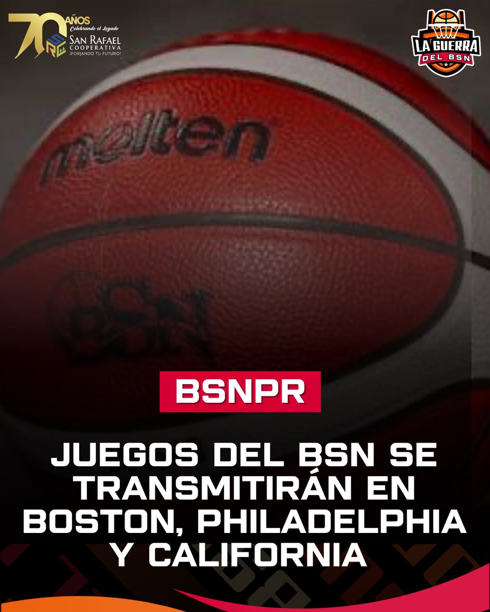 LaGuerraBSN's tweet photo. #BSNPR | ÚLTIMA HORA: El Baloncesto Superior Nacional llega a un acuerdo con NBC Sports y Peacock para transmitir las finales de conferencia y la gran final en Boston, Philadelphia y California.

Bajo el acuerdo, los canales regionales de NBC Sports televisarán las Finales de Conferencia y la Final Brava del BSN, presentando la liga de baloncesto profesional premier de América Latina a millones de aficionados al deporte en todo Estados Unidos. 

Las transmisiones se emitirán por NBC Sports Boston, NBC Sports Philadelphia, NBC Sports Bay Area y NBC Sports California, y a través de Peacock para aquellos suscriptores con el complemento de acceso a la red regional de NBC Sports en su área.