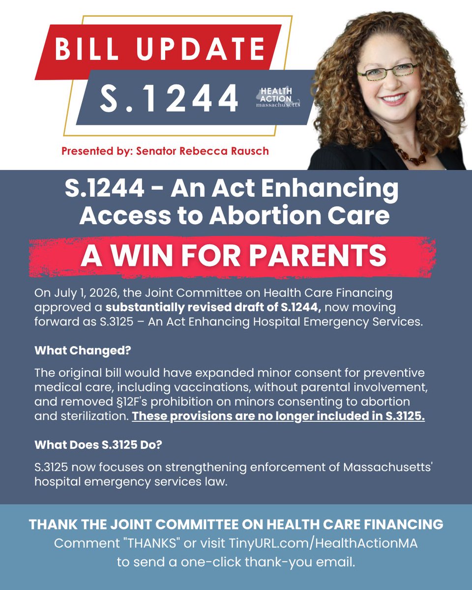 HealthActionMA's tweet photo. 🚨 LEGISLATIVE UPDATE - A WIN FOR PARENTS

We have important news regarding S.1244 - An Act Enhancing Access to Abortion Care. 

On July 1, 2026, the Joint Committee on Health Care Financing approved a substantially revised draft of S.1244, which will now move forward as S.3125 – An Act Enhancing Hospital Emergency Services.

The provisions that were the focus of Health Action Massachusetts' opposition are no 
longer included in the substitute bill. Specifically, the proposed expansion of Massachusetts' minor consent law to allow qualifying minors to consent to preventive medical care—including vaccinations—without parental involvement, along with the proposed changes to §12F regarding abortion and sterilization, have been removed.

S.3125 is now focused on strengthening enforcement of Massachusetts' hospital emergency services law and has been referred to the Senate Ways and Means Committee for further consideration.

At this time, no further action is needed on S.3125.

To everyone who contacted legislators, shared our posts, submitted testimony, made phone calls, and helped educate others, and to our incredible lobbying team—thank you. Your advocacy helped ensure lawmakers heard from families across the Commonwealth.

💙 If you'd like to express your appreciation, go to https://t.co/Dnf9A3wCin for our Action Center where you can send a one-click thank-you email to the members of the Joint Committee on Health Care Financing.

#HealthActionMA #Massachusetts #ParentalRights #MinorConsent #HealthPolicy #Legislation #GrassrootsAdvocacy #MAPolitics #MedicalFreedom #ParentalInvolvement