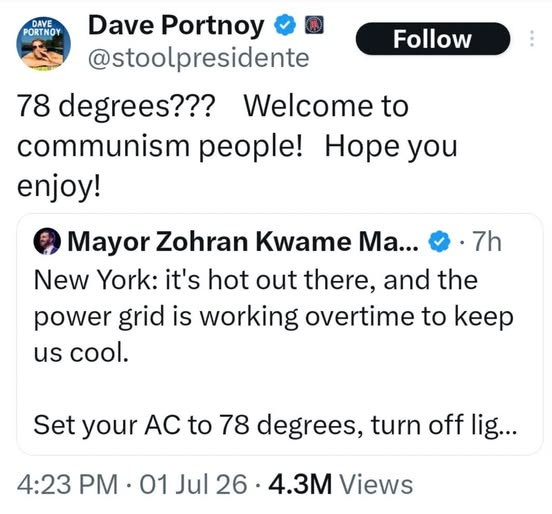 JamesTate121's tweet photo. There’s a massive heat wave in the biggest city in the country. The mayor is trying to avoid blackouts that could result in the heat deaths of elderly and ill people, so he’s asking people to set their thermostats to 78 degrees to alleviate stress on the electrical grid. There are many people out there taking great offense that a SOCIALIST would tell them what to do. Many are setting their thermostats LOWER in defiance, and then bragging about it on social media.
Moments like these remind me that many people’s commitment to free market and libertarian principles has nothing to do with philosophy or ideology. It’s convenient alignment to whatever will let them do what they want, whenever they want, with no burden of consequences to themselves or other people. To them, “live free or die” is simply the right to be selfish and pat yourself on the back for it.
I will repeat: “leave me alone to live how I want” is a valid principle ONLY if you’re committed to other people enjoying the same privilege, even those with whom you have nothing in common. And when you apply this maxim honestly, intelligent compromise in times of stress is inevitable. Using moments like these to double down on Zack de la Rocha slogans doesn’t make you an individualist, it makes you an asshole. VIA~~Dan Roche