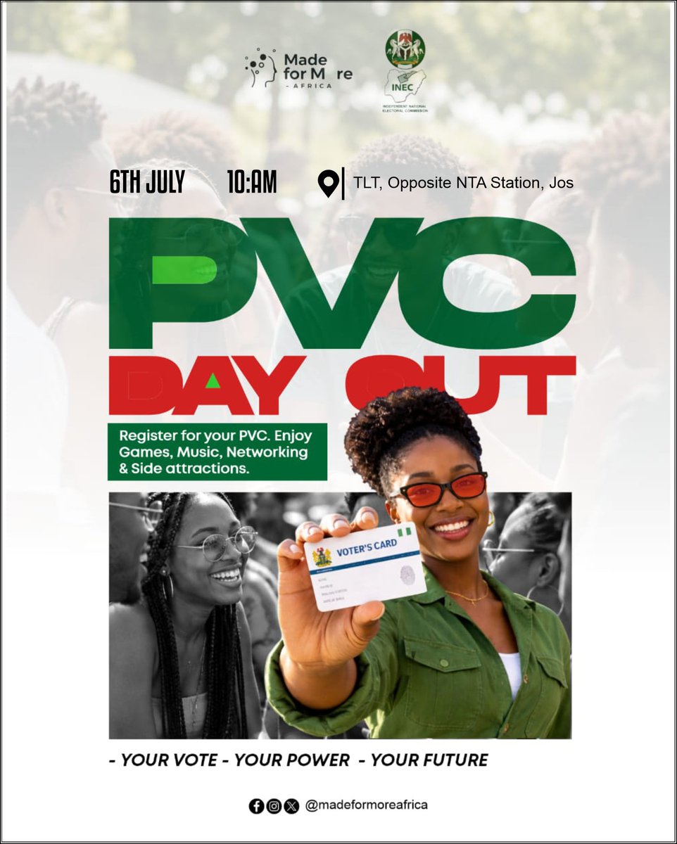 made4moreafrica's tweet photo. Come Register for your PVC and have fun while doing it. ๐ฅ
Your PVC is more than a card, itโs your voice, your power, and your future. ๐ณ๏ธ๐ณ๐ฌโจ
๐ TLT, Opposite NTA Station, Jos
๐
6th July
โฐ 10:00 AM
Join us for PVC Day Out.
#MadeForMoreAfrica #VBF #MFM2026 #PVCDayOut #Voters https://t.co/AFqPGaIufj