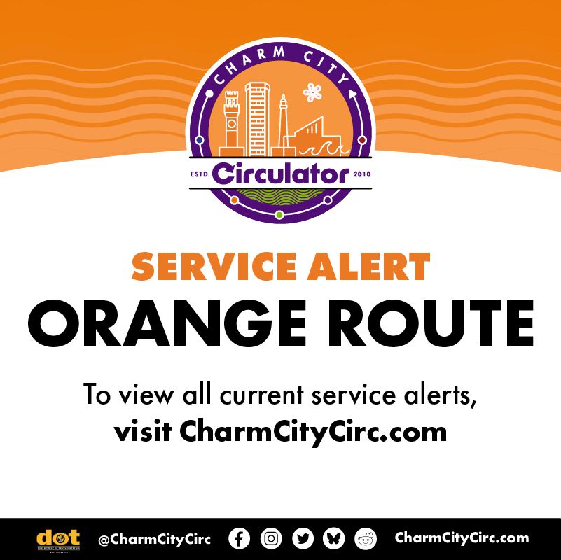 CharmCityCirc's tweet photo. Attention Orange Route riders 🚨🚌

This Saturday, July 4, there will be a service alert in effect due to holiday festivities.

For specific service alert details, visit:
🔗 https://t.co/URFLaaoNNw 

@bmorecitydot https://t.co/fl9ZokC7l0