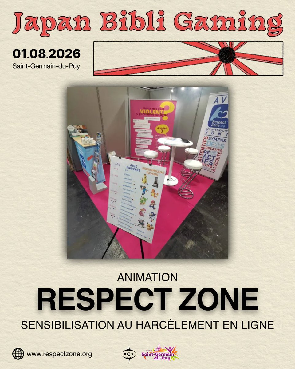jpnbibligaming's tweet photo. 💬 Et si quelques minutes de jeu pouvaient changer votre regard sur le numérique ?

Retrouvez Respect Zone au Japan Bibli Gaming 2026 !
🎯 Roue de la fortune
📱 Réseaux sociaux &amp; écrans
💬 Sensibilisation au cyberharcèlement
🤝 Animation interactive
🌐 https://t.co/9ffj89PsFk https://t.co/47IH1Hzhgd