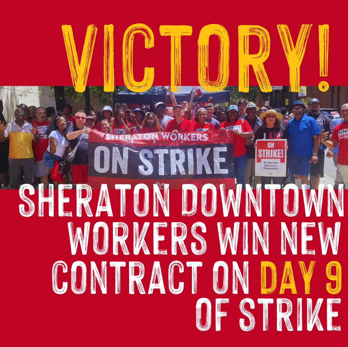 unitehere11's tweet photo. Congratulations to @UNITEHEREPhilly workers at the Sheraton Downtown who won a great new contract after striking for nine days. #UNITEHERE https://t.co/6oNRd1yV2A