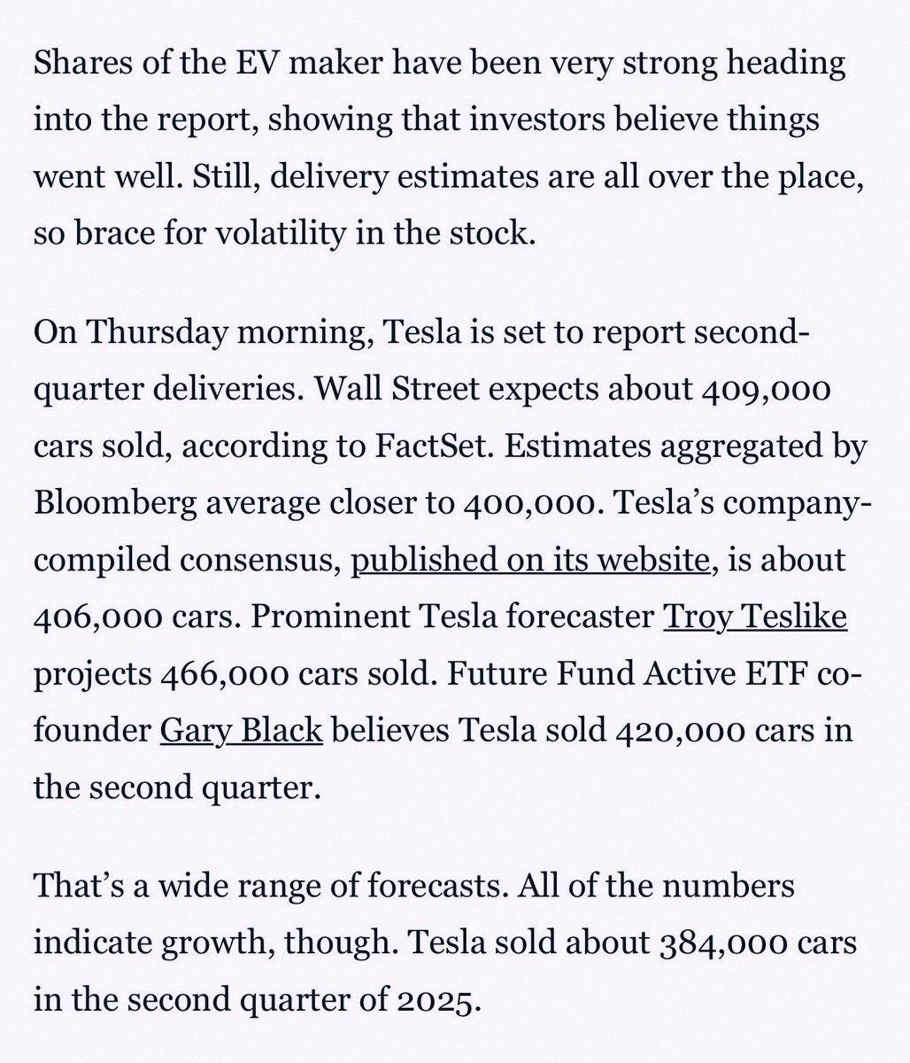 tatsuno1022's tweet photo. Based on @TroyTeslike's estimate of 466K TSLA Q2 deliveries and my own guess at 420K, plus other X analysts around 420-430K, this gap with sell-side consensus at 406K is the widest I've seen before a quarterly delivery report. TSLA shares Q2 numbers tomorrow before market open. https://t.co/Pub66A6fzJ