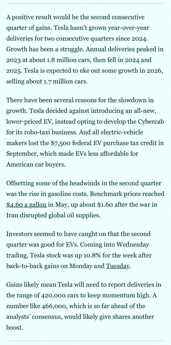 tatsuno1022's tweet photo. Based on @TroyTeslike's estimate of 466K TSLA Q2 deliveries and my own guess at 420K, plus other X analysts around 420-430K, this gap with sell-side consensus at 406K is the widest I've seen before a quarterly delivery report. TSLA shares Q2 numbers tomorrow before market open. https://t.co/Pub66A6fzJ