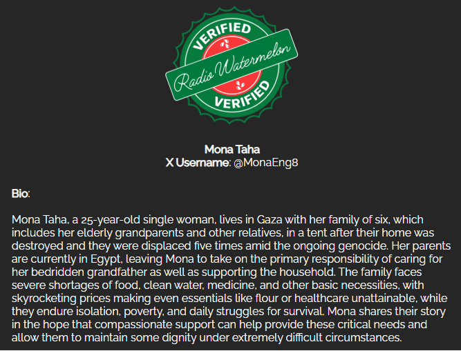 RadioWatermelon's tweet photo. 🚨Low donations - Only $17 raised🚨

Mona Taha's Family
#VerifiedByRadioWatermelon
🖇️: https://t.co/QYB0hJLBpD
The last donation was 20 days ago
Please donate and share
Aid isn't political 
People are people https://t.co/LHX3vA4iro