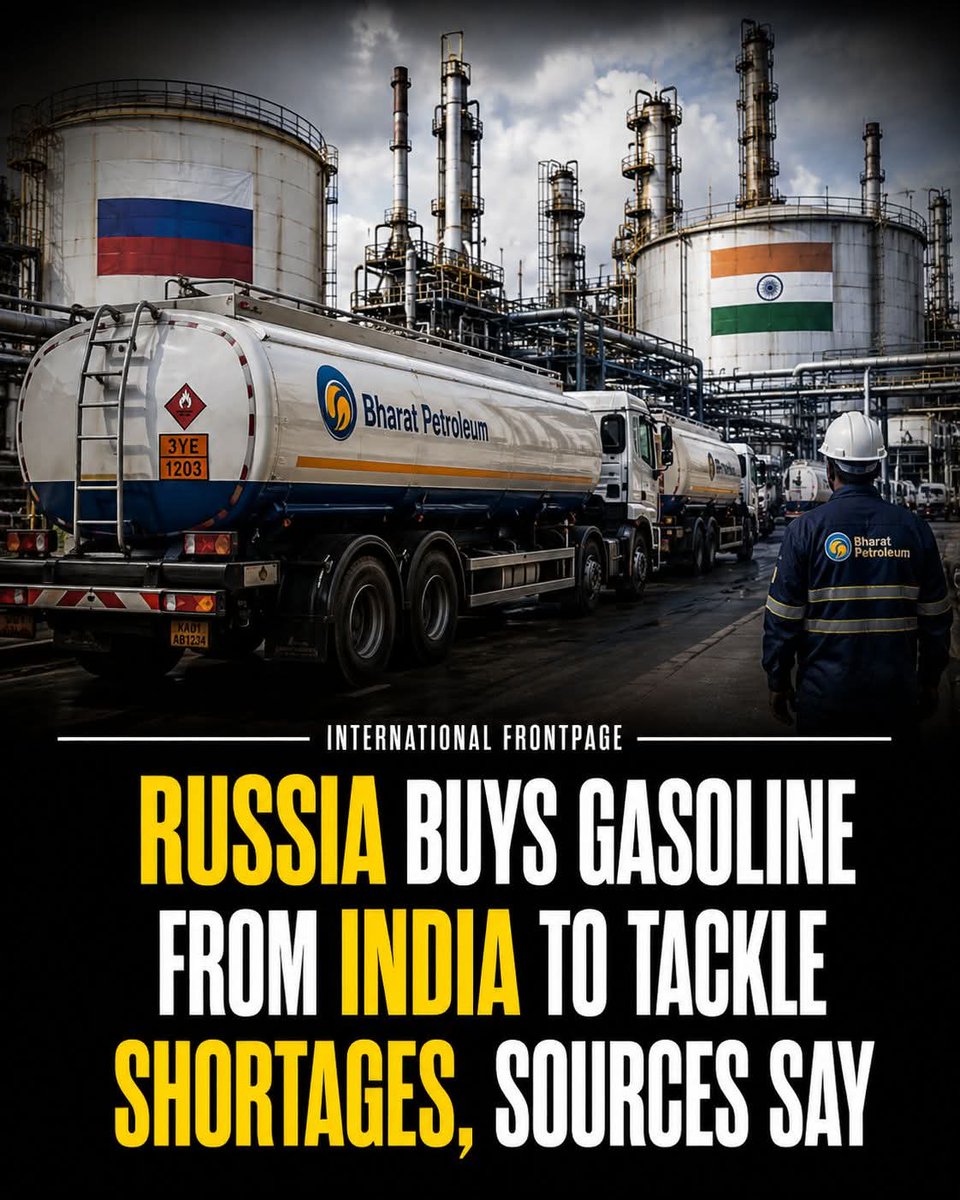 thetifp's tweet photo. Russia is reportedly importing gasoline by sea from India as fuel shortages deepen following refinery disruptions and Ukrainian attacks on energy infrastructure. Reports also point to rationing and rising fuel prices in several regions.

#Russia #India #FuelShortage #UkraineWar https://t.co/wAKsTRT3ly