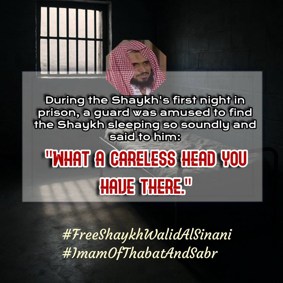 camo_greeen's tweet photo. What the world sees as a prison, a heart full of Yaqeen sees as a place of rest and devotion. They can imprison the body, but never the soul. ⛓️🔓

#FreeShaykhWalidAlSinani #ImamOfThabatAndSabr https://t.co/VWRjlCRi75
