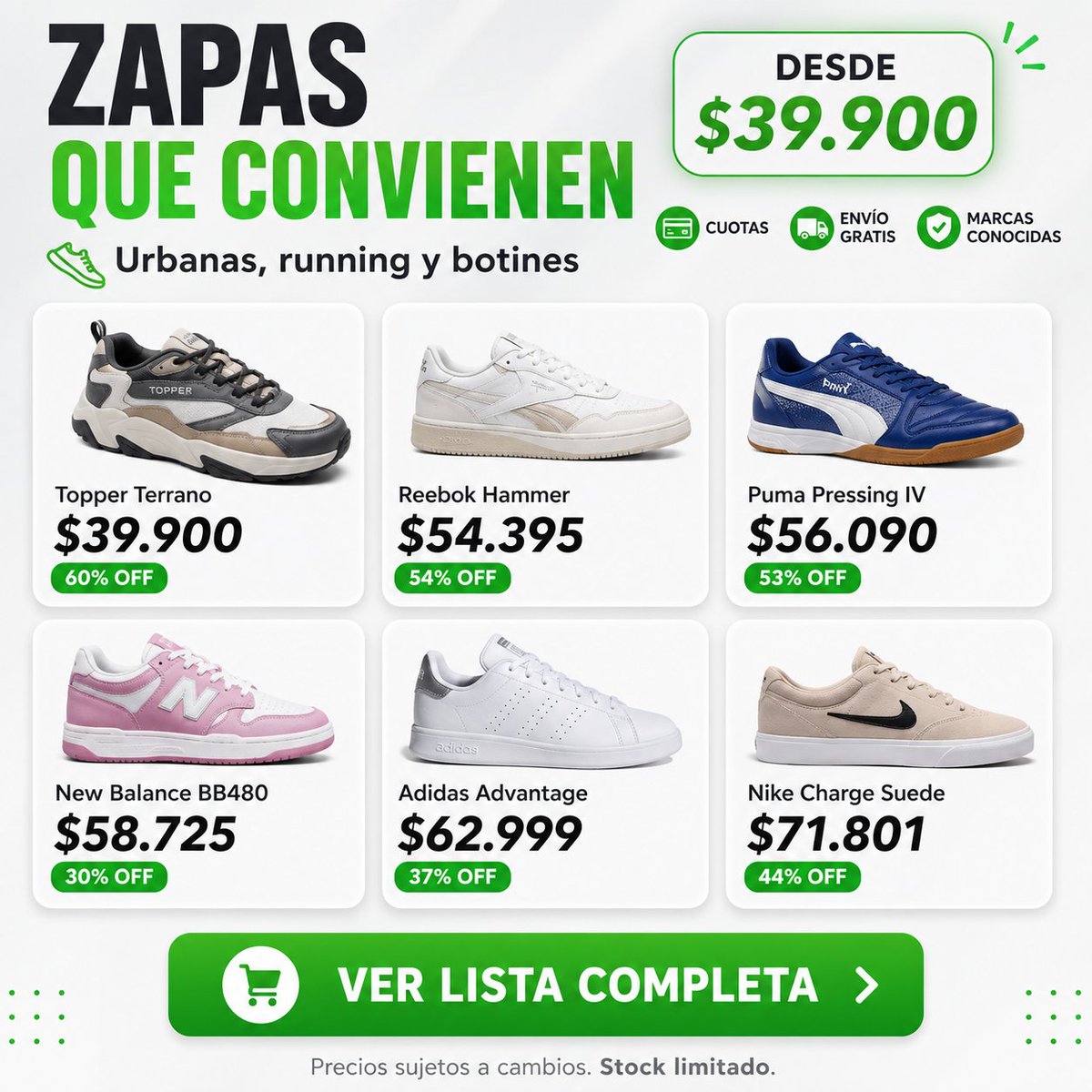 Promofy_Ar's tweet photo. 👟 Zapatillas para todos los días, sin dar mil vueltas. 

Revisamos opciones en Mercado Libre y juntamos una lista con modelos de marcas conocidas, buenos precios y descuentos para tener en radar. 

Entrá al link y mirá la lista completa.