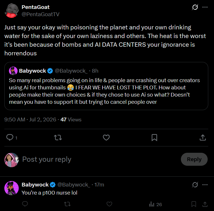 PentaGoatTV's tweet photo. Taking this screenshot from someone very nice but you don't get to delete your little insult on my callout to your 'social experiment' and then pretend it didn't happen. You don't get to pretend you weren't trying to be insulting with that and then turn off comments https://t.co/Xx4OcKTAsm
