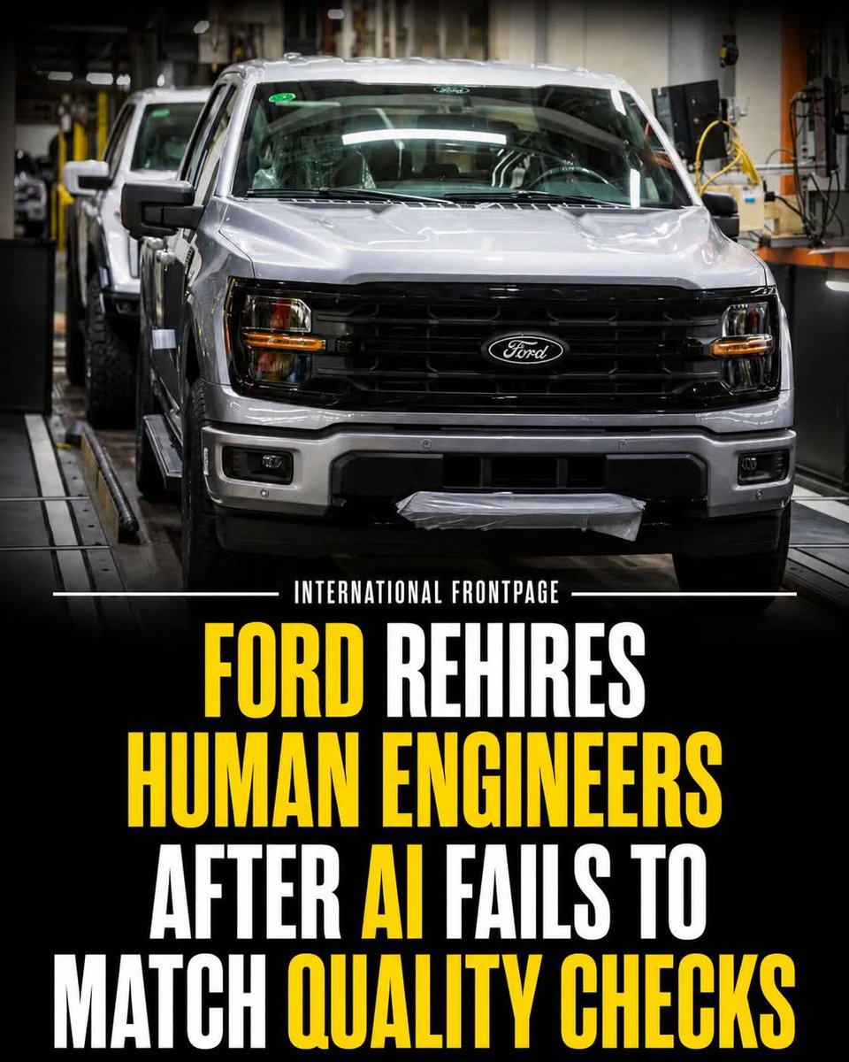 thetifp's tweet photo. Ford says it rehired more than 300 veteran quality inspectors after AI systems fell short of matching experienced engineers’ judgment. The company says combining AI with human expertise improved vehicle quality.

#Ford #AI #Automation #FutureOfWork https://t.co/2flntuFOah
