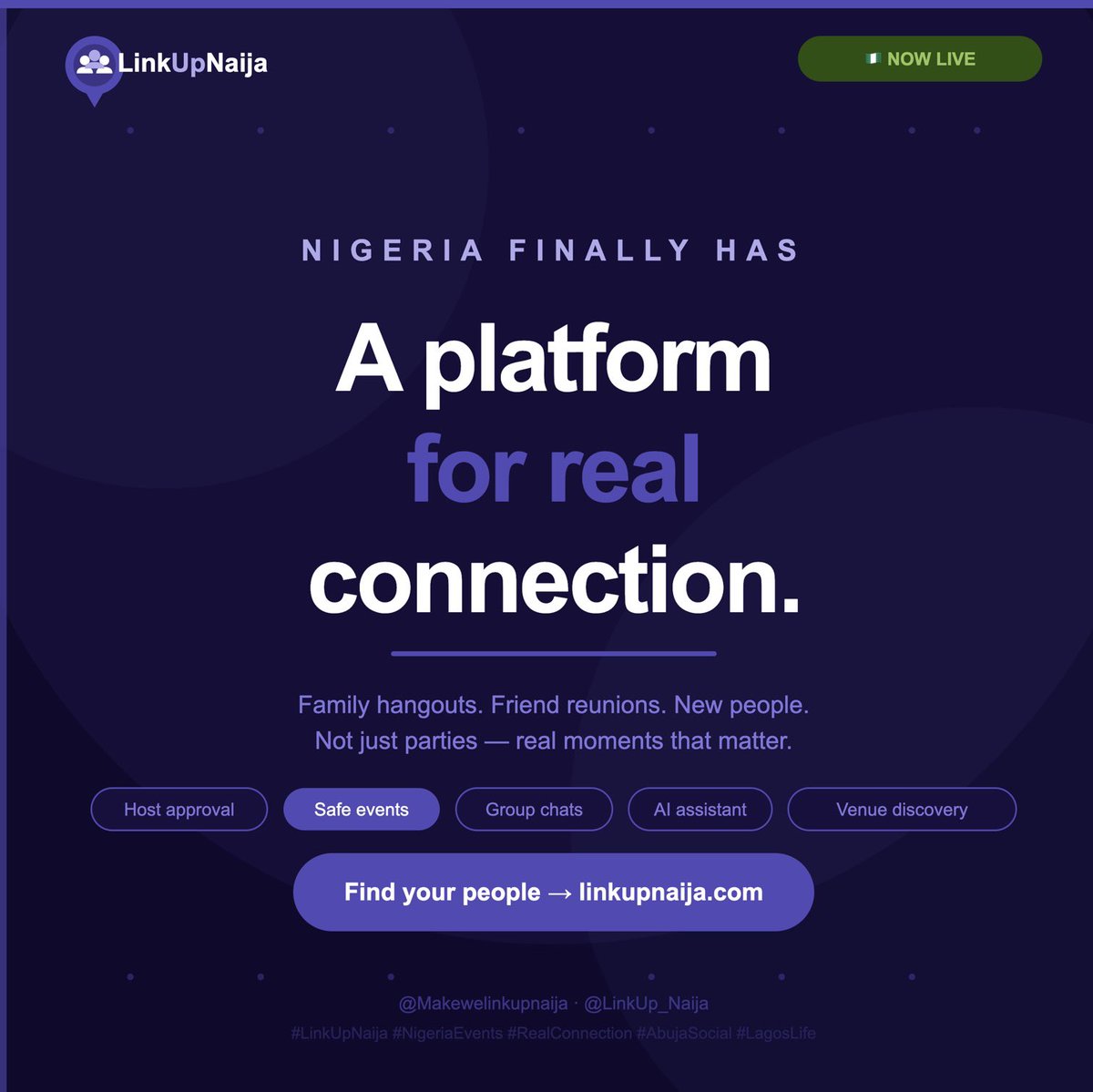 LinkUp_Naija's tweet photo. Nigeria finally has a platform for real connection.
No more missing the moments that matter.
Family hangouts. Friend reunions. New people. Cultural experiences. The parties. The vibes.
LinkUpNaija brings everything together so you can stop scrolling and start living.
This is where real plans are made.
Find your people → https://t.co/rtB2qJJYXX
Who's linking up this weekend? Drop a 🇳🇬 #LinkUpNaija #RealConnection #NigeriaEvents #AbujaSocial #LagosLife