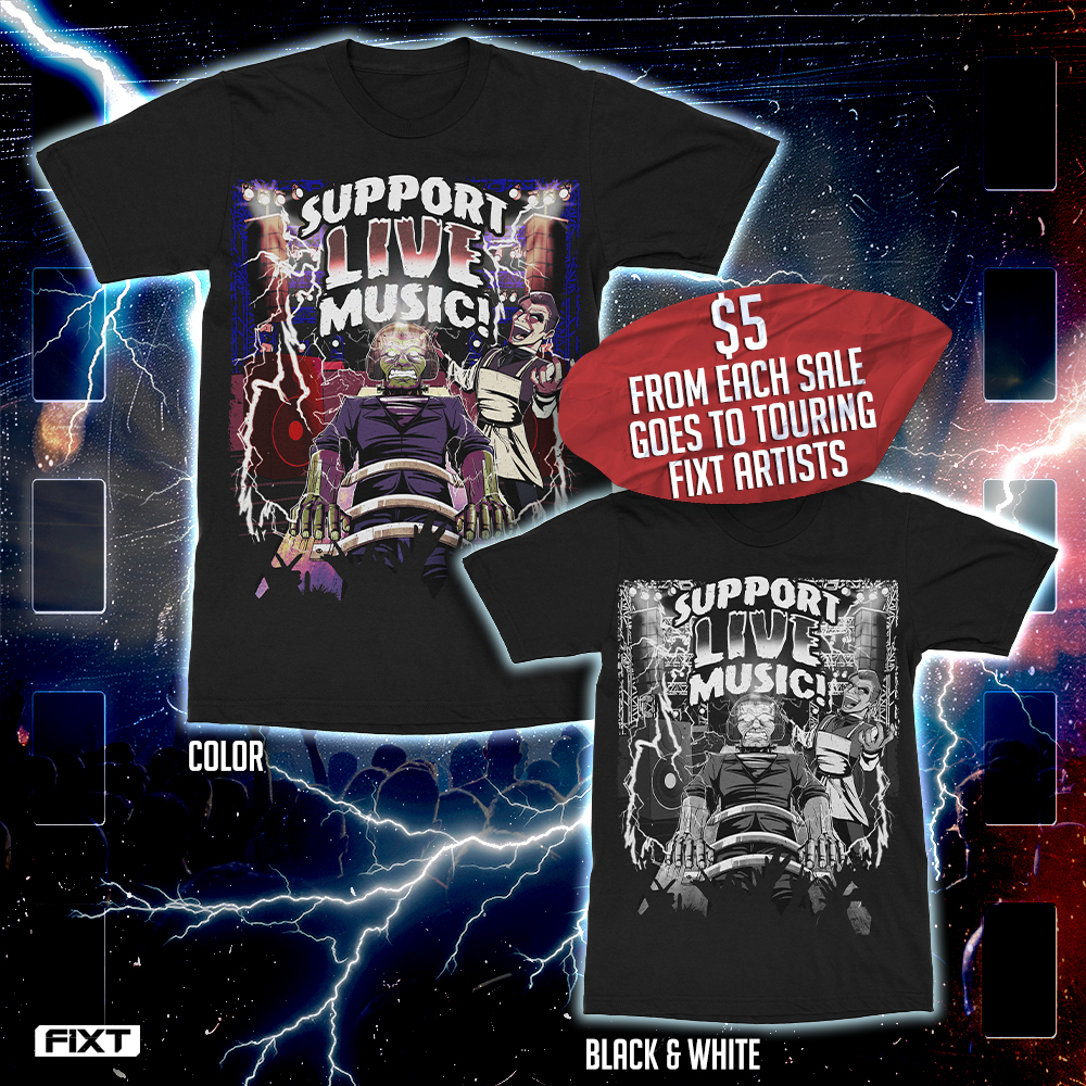 fixtmusic's tweet photo. The music... It's (A)LIVEEE!!! 😱
Check out our NEW Frankenstein "Support Live Music" design, now available in the FiXT Store.
$5 from each sale goes to support touring FiXT artists!

🛒 Shop Here: https://t.co/poolSBFmxf https://t.co/TjAax9NW59