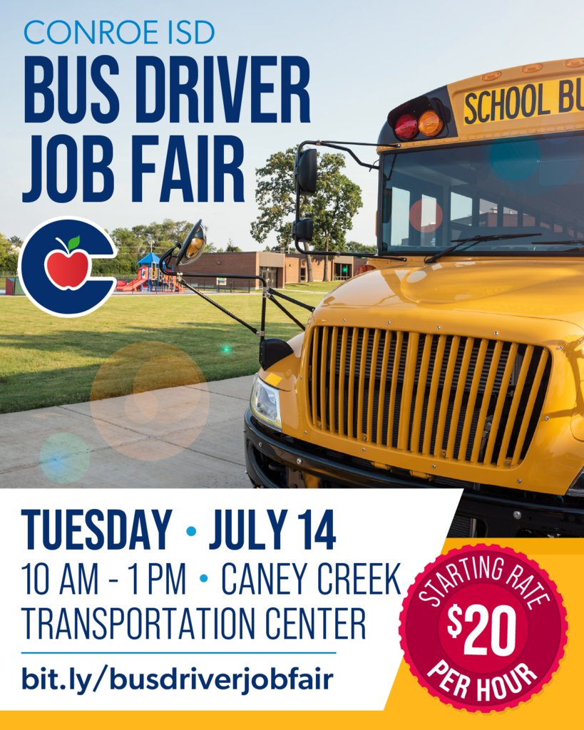 ConroeISD's tweet photo. Ready to steer your career in a new direction? 🚍✨ Conroe ISD is hosting a Bus Driver Job Fair on July 14, 2026 — 10:00 a.m.–1:00 p.m. at Caney Creek Transportation Center (13735 Grangerland Rd., Conroe, TX 77306).  Register now: https://t.co/idaE8lhPTs https://t.co/uXdWQnwHoG