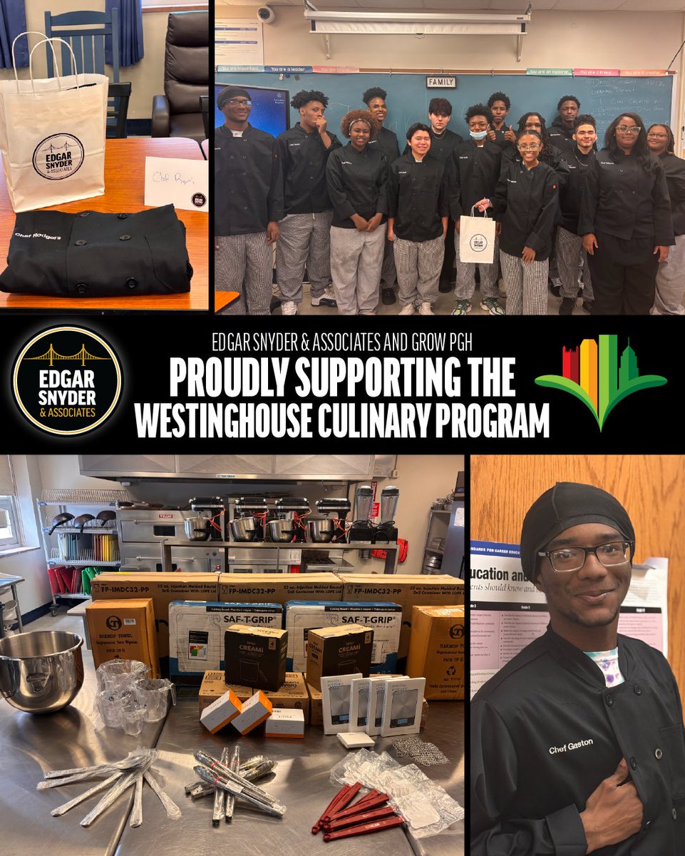 edgarsnyder's tweet photo. It's truly an honor to be able to give back to the community and support others. With the help of GrowPGH, we were able to help students in the Westinghouse Culinary Program get new kitchen tools and chef's coats as part of our partnership 🖤💛🧑‍🍳 https://t.co/VcMNy9pepd