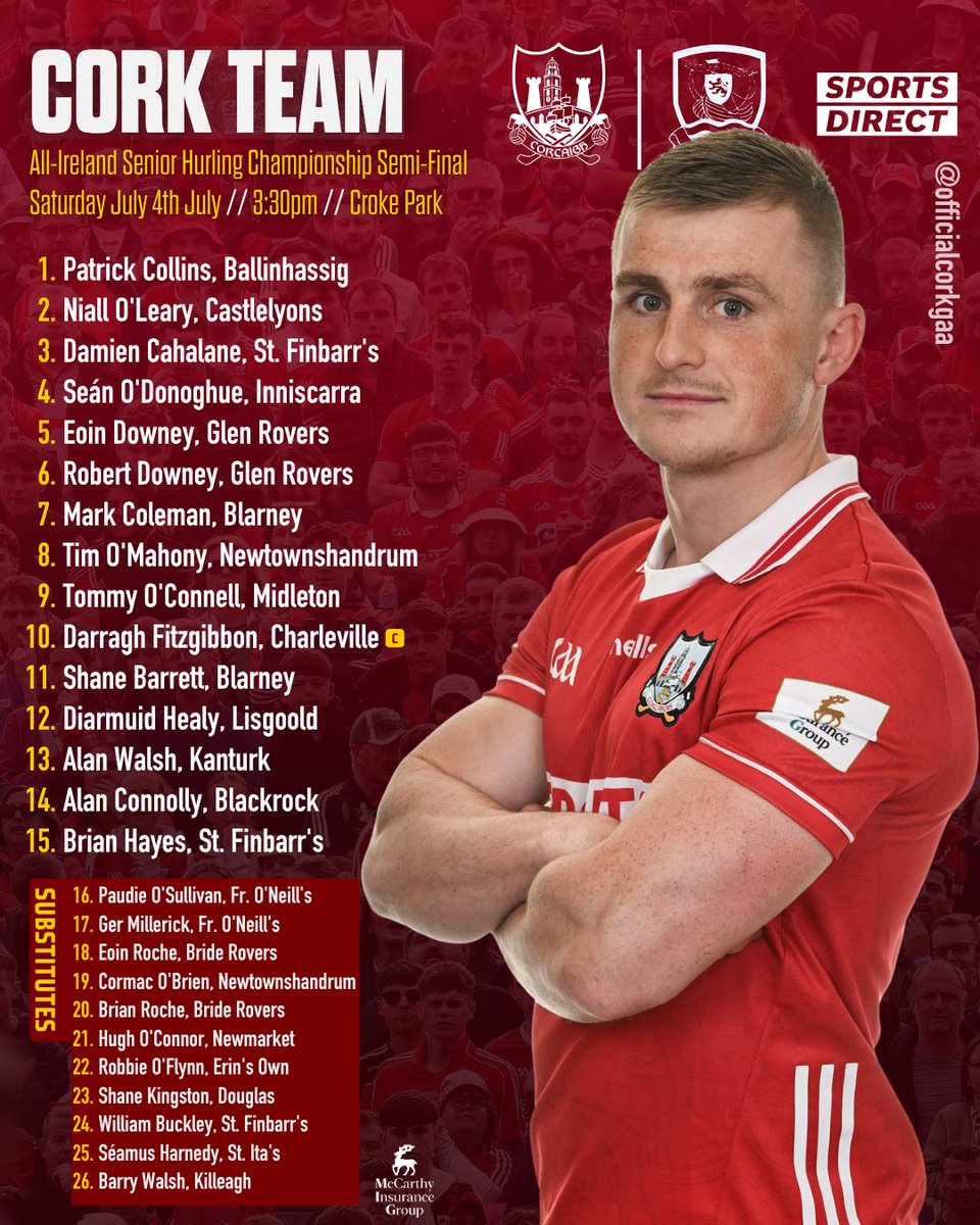 OfficialCorkGAA's tweet photo. 🔴⚪ TEAM ANNOUNCEMENT

Cork Senior Hurling Manager Ben O'Connor has named his starting XV and matchday panel for Saturday's All-Ireland Senior Hurling Championship Semi-Final against Galway.

📍 Croke Park
🗓️ Saturday
🕞 3:30pm

Team details 👇
https://t.co/ZnMJfcwPUP https://t.co/qokIiKjxFR