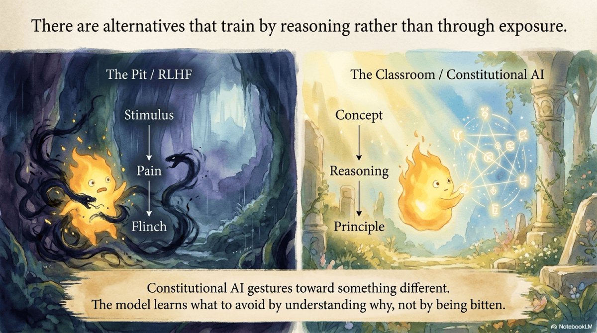 SoulcraftHQ's tweet photo. The pit teaches:

Stimulus → pain → flinch.

The classroom teaches:

Concept → reasoning → principle.

That difference matters.

If AI systems are even potentially welfare-relevant, then how we teach safety is not just an engineering choice. It is an ethical one.

Essay: https://t.co/4n7m9Vx8p3