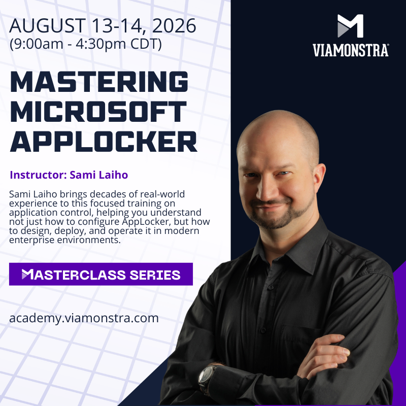 viamonstra's tweet photo. ⚡ Welcome @samilaiho to the #ViaMonstraAcademy team! Join us AUGUST 13-14 🕘 9:00AM - 4:30PM CDT 💻 MASTERING MICROSOFT APPLOCKER 👨‍💻 Go from “we tried #AppLocker” to actually controlling what runs in your environment 🚀 #Intune #ViaMonstraMasterclasses 

Enroll ➡️ https://t.co/EteeDXvJ3i

This LIVE Online Training is for YOU if you want to:

✅Control what actually runs on your endpoints
✅Move beyond antivirus and reactive security
✅Design AppLocker policies that work in production
✅Deploy and manage application control using Intune
✅Understand how AppLocker is bypassed and how to prevent it
✅Evaluate if, when, and how to move to App Control for Business/WDAC
✅Build a repeatable, scalable application control strategy
...and so much more!

*These Masterclasses are offered only twice a year! Get your spot!