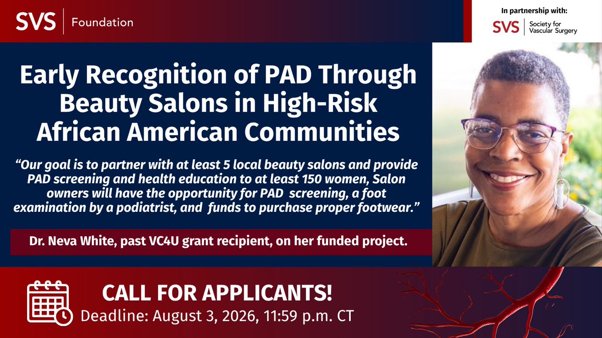 VascularSVS's tweet photo. Dr. Neva White's VC4U Grant-funded project is expanding PAD screening through trusted community spaces.
Your project could be next!
Applications for the SVS Foundation's VC4U Project Grants are open through August 3. 🔗 https://t.co/GjfRpRDXjQ #VascSurg #VC4U #PAD https://t.co/K6CrQvCLGL