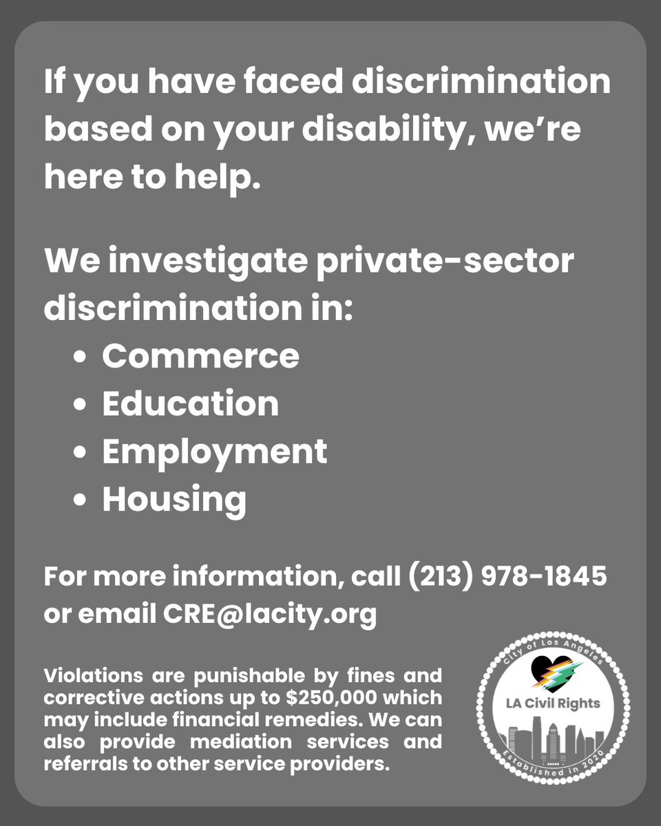 lacivilrights's tweet photo. July marks Disability Pride Month! Our department uplifts all Angelenos and proudly advocates for inclusive, accessible spaces across the city. If you have experienced discrimination based on your disability, we're ready to help! Click the link in our bio for more. https://t.co/3VsN3QL2p3