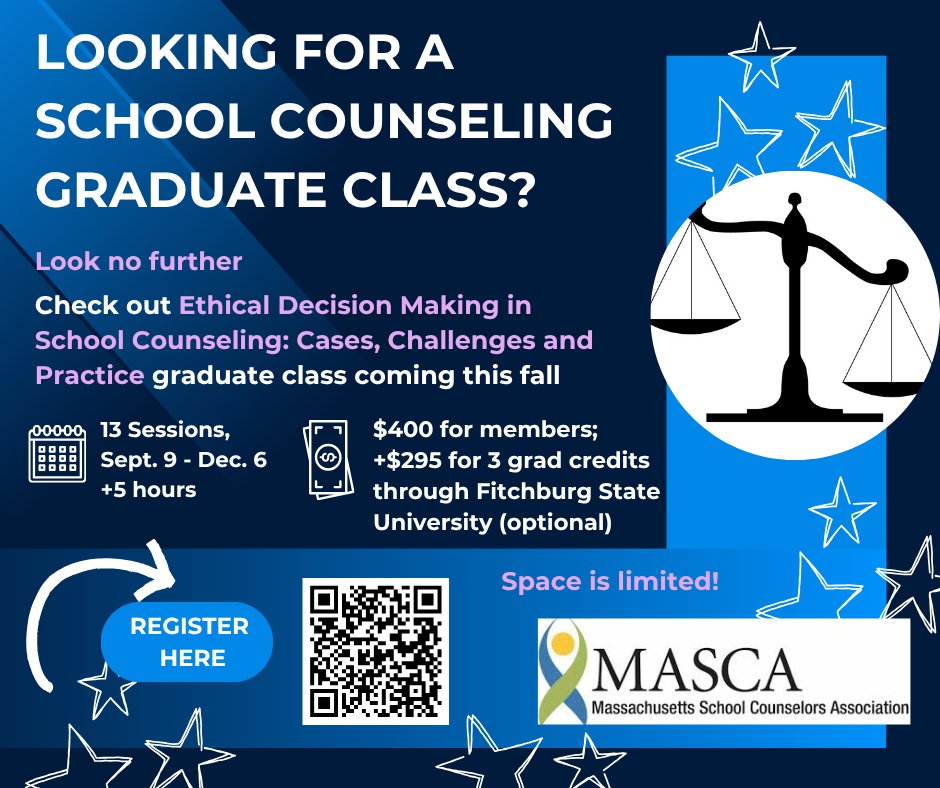 MascaSchool's tweet photo. School Counseling Ethics class anyone?  Check out MASCA's latest PD offering - a 3 credit graduate class offered through Fitchburg State University Sept 9 - Dec. 16  Register at https://t.co/IhHVMuHmWV https://t.co/mp9tPWOa9C