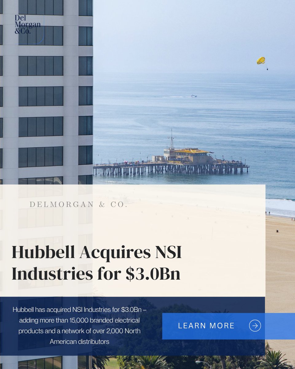 delmorganco's tweet photo. Hubbell has acquired NSI Industries from Sentinel Capital Partners for $3.0Bn – adding more than 15,000 branded electrical products and a network of over 2,000 North American distributors to position its Electrical Solutions portfolio for rising electrification demand

#Electrification #Infrastructure #DataCenter #MergersAndAcquisitions #DelMorgan

Explore more: https://t.co/W8DQ7okjz3