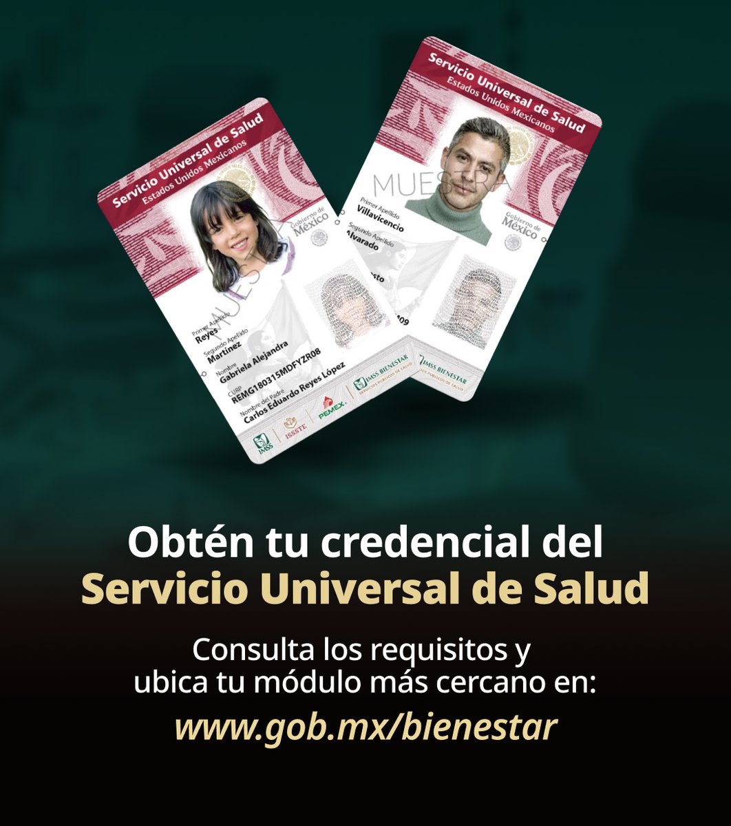 SSalud_mx's tweet photo. Con tu credencial del Servicio Universal de Salud tendrás acceso a consultas de atención primaria y prescripciones médicas en cualquier institución pública de salud, sin importar si es IMSS, ISSSTE, IMSS Bienestar, Pemex o Institutos Nacionales de Salud, ayudando a reducir los tiempos de espera. 🏥

Con el #ServicioUniversalDeSalud avanzamos hacia una atención integral y equitativa para todas y todos. 🩺

Obtén tu credencial y consulta los requisitos en: https://t.co/UddVMpCsZ1

#LaHonestidadDaResultados
#SaludSinPrivilegios 🇲🇽