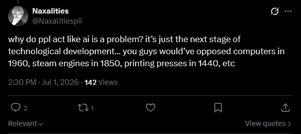 AzureLionProd's tweet photo. This "anti-AI is anti-tech" claim from the pro-AI crowd conveniently ignores so many of the genuinely negative aspects and traits of generative AI (and they are many), including the fact that it has been built upon the unethical exploitation of the works of millions of creators. https://t.co/aULQN8PkNo