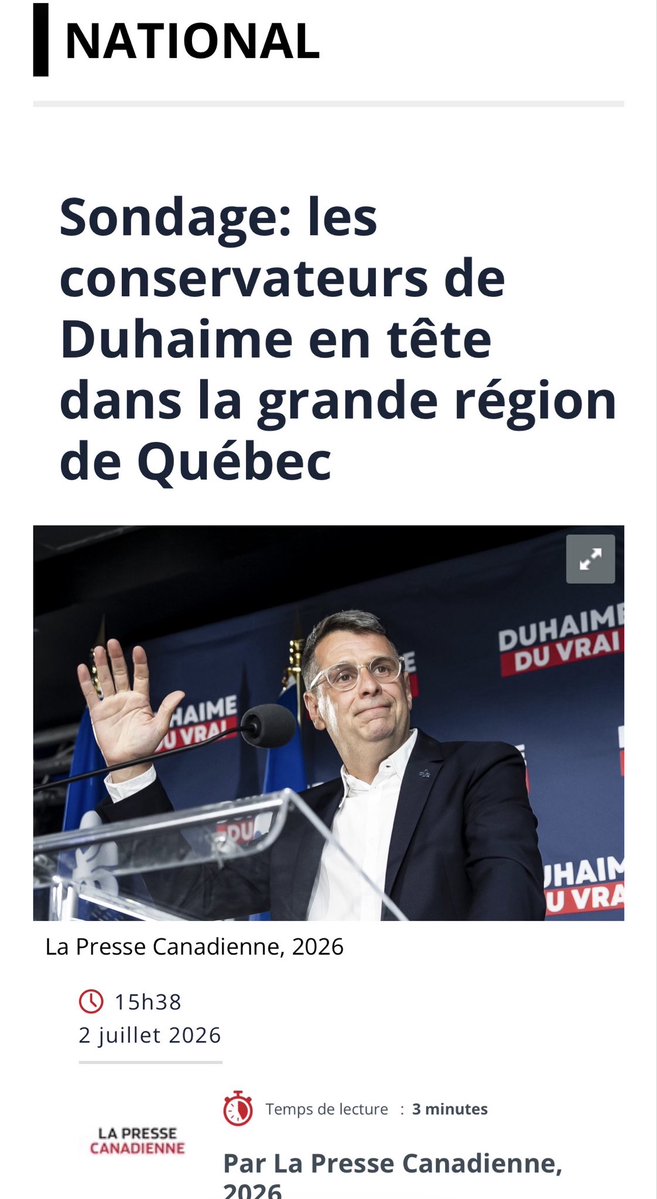 E_Duhaime's tweet photo. Un sondage Pallas rendu public aujourd’hui confirme que le Parti conservateur augmente son avance dans la région de Québec.

C’est une excellente nouvelle!

Les sondages nationaux envoient parfois des signaux contradictoire au sujet des intentions de vote dans la Capitale-Nationale et Chaudière/Appalaches.

Nous avons donc commandé un sondage auprès d’une grande forme reconnue afin d’avoir l’heure juste.

Voici ce que ça donne:

PCQ 27%
PQ 22%
CAQ 14%
PLQ 14%
QS 4%

Il reste encore beaucoup de travail à faire et de gens à convaincre. 

Mais nos idées de laisser plus d’argent dans les poches des familles, d’améliorer l’accès aux soins de santé en additionnant le privé et de faciliter l’accès à la propriété pour les jeunes avancent!