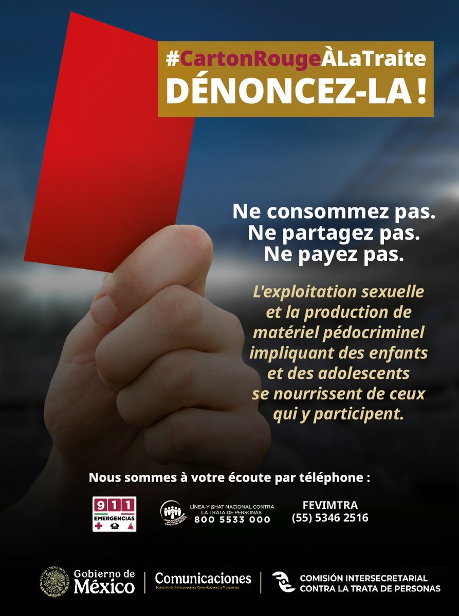 SICTmx's tweet photo. Lo que parece normal a simple vista puede ocultar una situación de explotación.
Si sospechas que alguien es víctima de trata de personas, no lo ignores: denuncia.

📞 Línea Nacional contra la Trata de Personas: 800 5533 000

#TarjetaRojaALaTrata https://t.co/WnZxrf1pyY